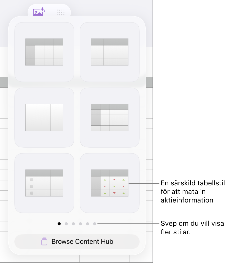 Tabellpopovern som visar miniatyrer för tabellstilar med en särskild stil för att mata in aktieinformation i nedre högra hörnet. Längst ned visas sex punkter vilket betyder att du kan visa fler stilar genom att svepa.
