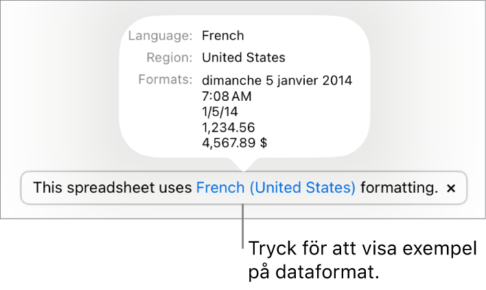 Meddelandet om olika språk- och regioninställningar samt exempel på formatering för det andra språket och den andra regionen.