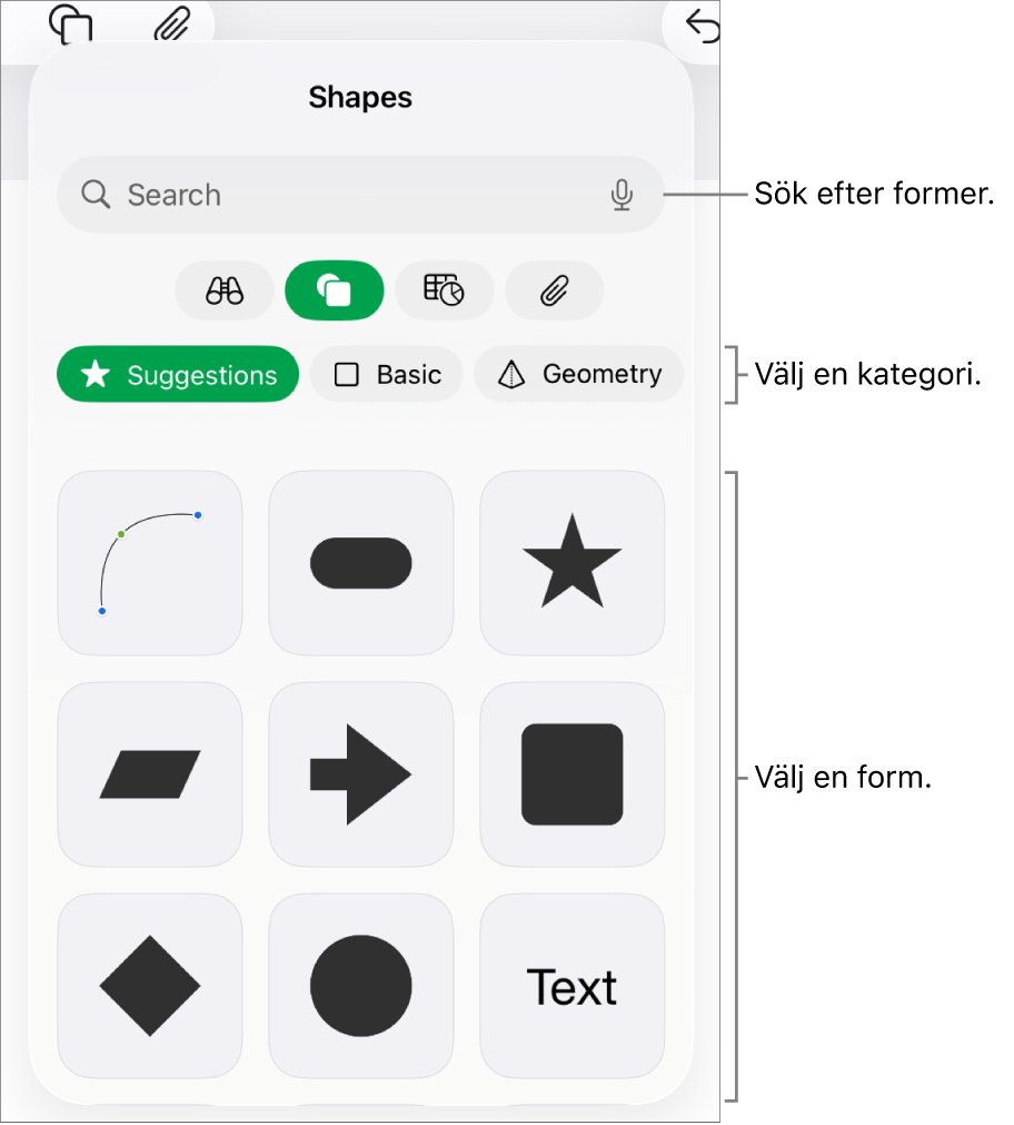 Formbiblioteket med kategorier högst upp och former nedanför. Du kan använda sökfältet högst upp till att hitta former och svep för att visa fler.