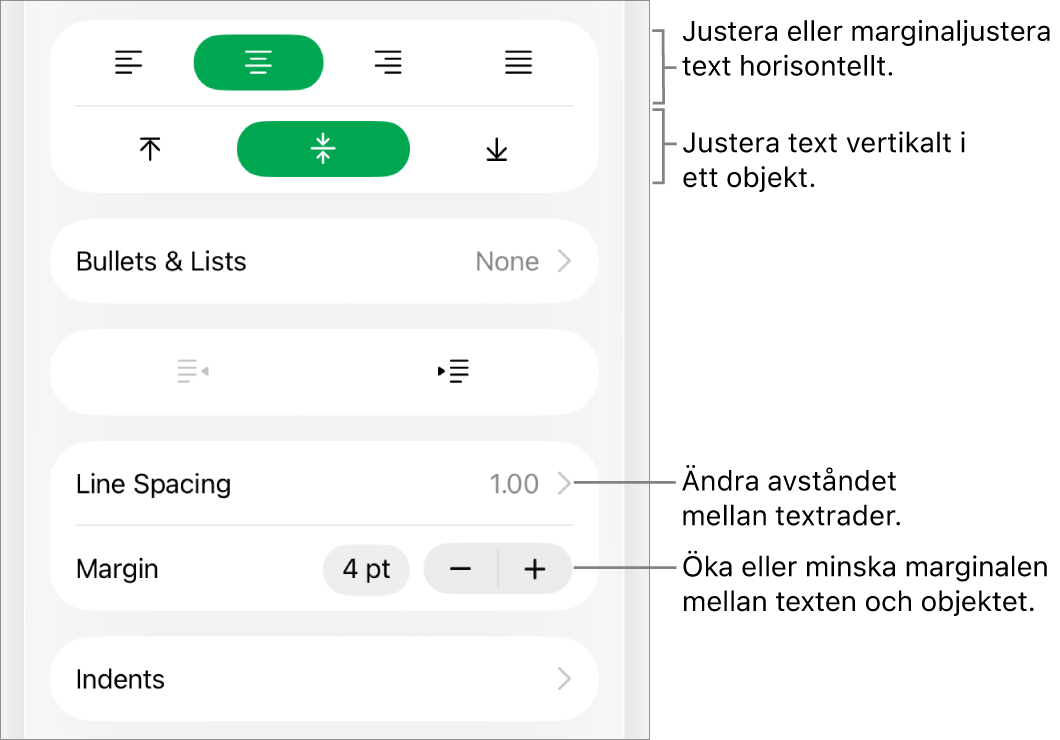 Layoutavsnittet i formatgranskaren med pilar som pekar på knapparna för textjustering och mellanrum.