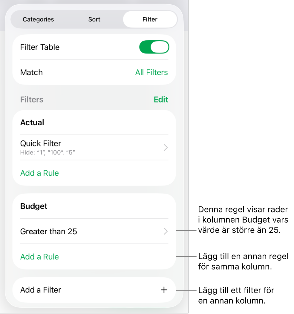 Reglage för att lägga till nya filtreringsregler eller redigera befintliga.