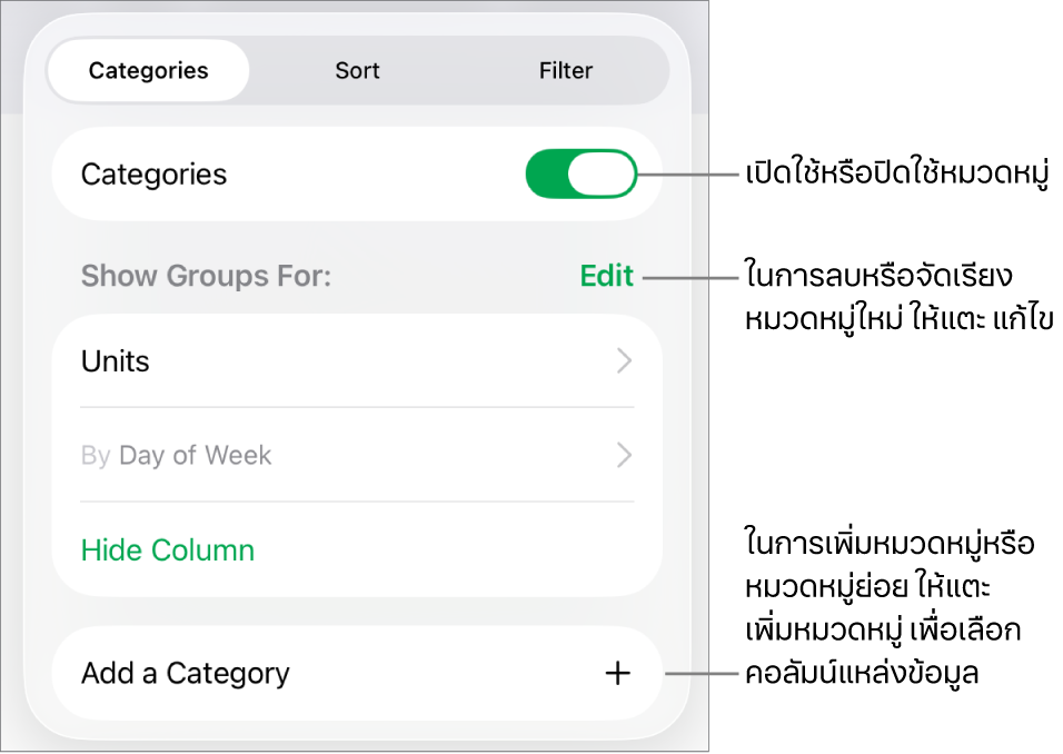 เมนูหมวดหมู่สำหรับ iPad พร้อมตัวเลือกสำหรับปิดใช้หมวดหมู่ ลบหมวดหมู่ จัดกลุ่มข้อมูลอีกครั้ง ซ่อนคอลัมน์แหล่งข้อมูล และเพิ่มหมวดหมู่