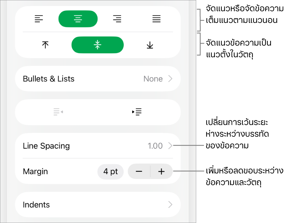 ส่วนเค้าโครงของตัวตรวจสอบรูปแบบพร้อมคำอธิบายของปุ่มการจัดแนวข้อความและระยะห่าง