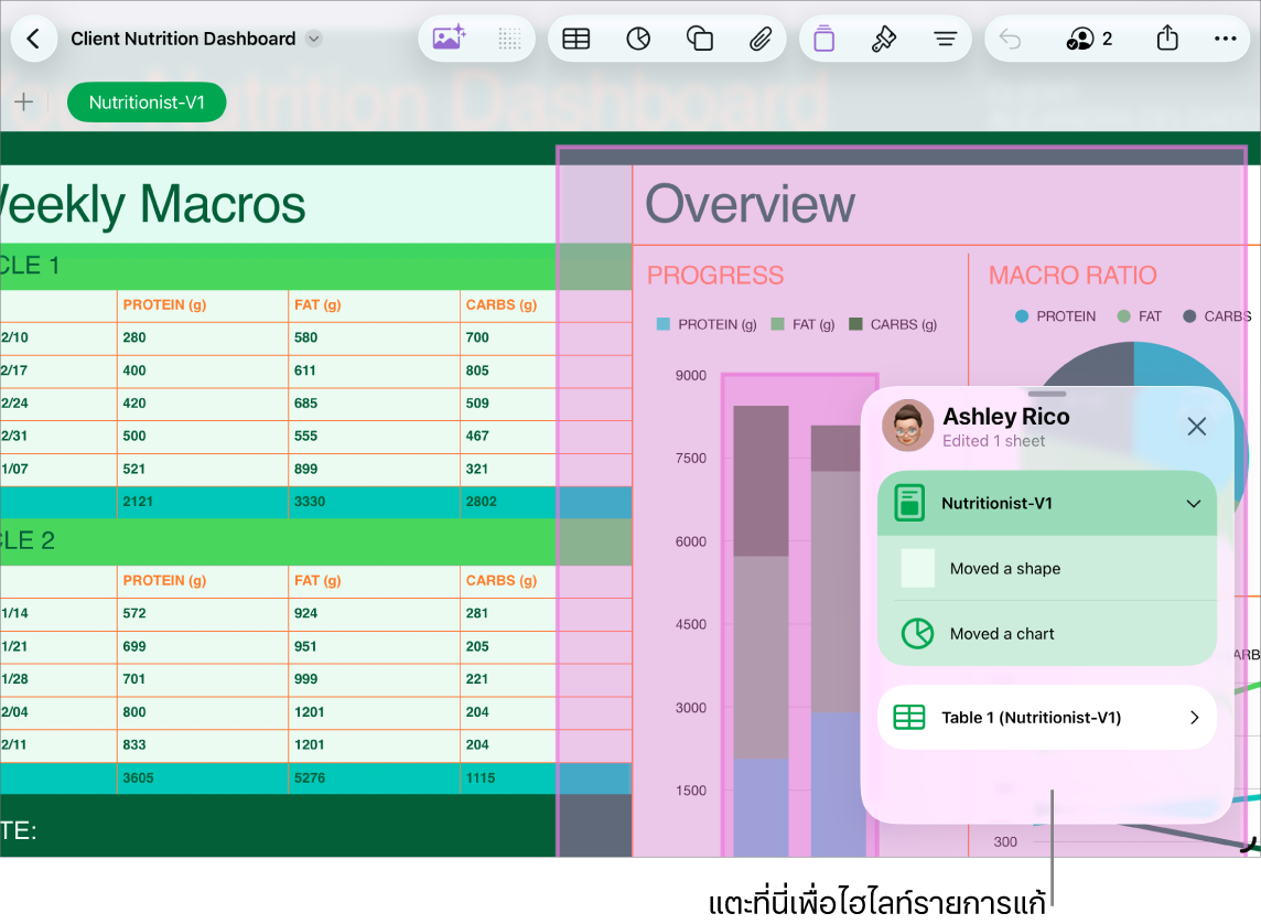 สเปรดชีตที่ใช้งานร่วมกันซึ่งมีรายการกิจกรรมเปิดอยู่