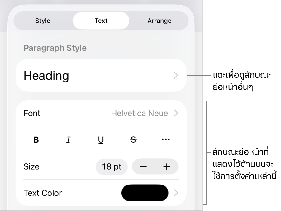 เมนูรูปแบบที่แสดงตัวควบคุมข้อความสำหรับการตั้งค่าลักษณะย่อหน้าและลักษณะอักขระ แบบอักษร ขนาด และสี