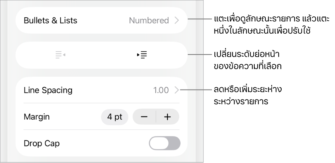 ส่วนสัญลักษณ์ย่อยและรายการของตัวควบคุมรูปแบบที่มีคำบรรยายสำหรับสัญลักษณ์ย่อยและรายการ ปุ่มการเยื้องออกและการเยื้องเข้า และตัวควบคุมระยะห่างบรรทัด