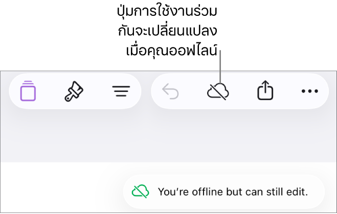 ปุ่มต่างๆ ด้านบนสุดของหน้าจอ ซึ่งมีปุ่มการใช้งานร่วมกันที่เปลี่ยนเป็นรูปเมฆที่มีเส้นทแยงมุมทะลุผ่าน การเตือนบนหน้าจอแจ้งว่า “คุณออฟไลน์อยู่แต่ยังคงสามารถแก้ไขได้”
