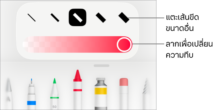 ตัวควบคุมสำหรับเลือกขนาดเส้นขีดและแถบเลื่อนสำหรับปรับความทึบ