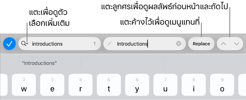 ตัวควบคุมค้นหาและแทนที่ด้านบนแป้นพิมพ์พร้อมคำอธิบายของปุ่มตัวเลือกค้นหา แทนที่ ขึ้น และลง