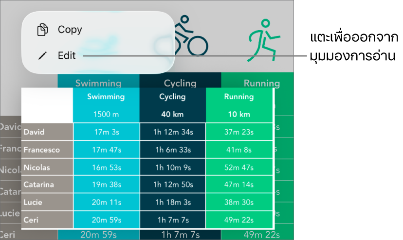 เซลล์ตารางถูกเลือกอยู่ และด้านบนเป็นเมนูที่มีปุ่มคัดลอกและปุ่มแก้ไข