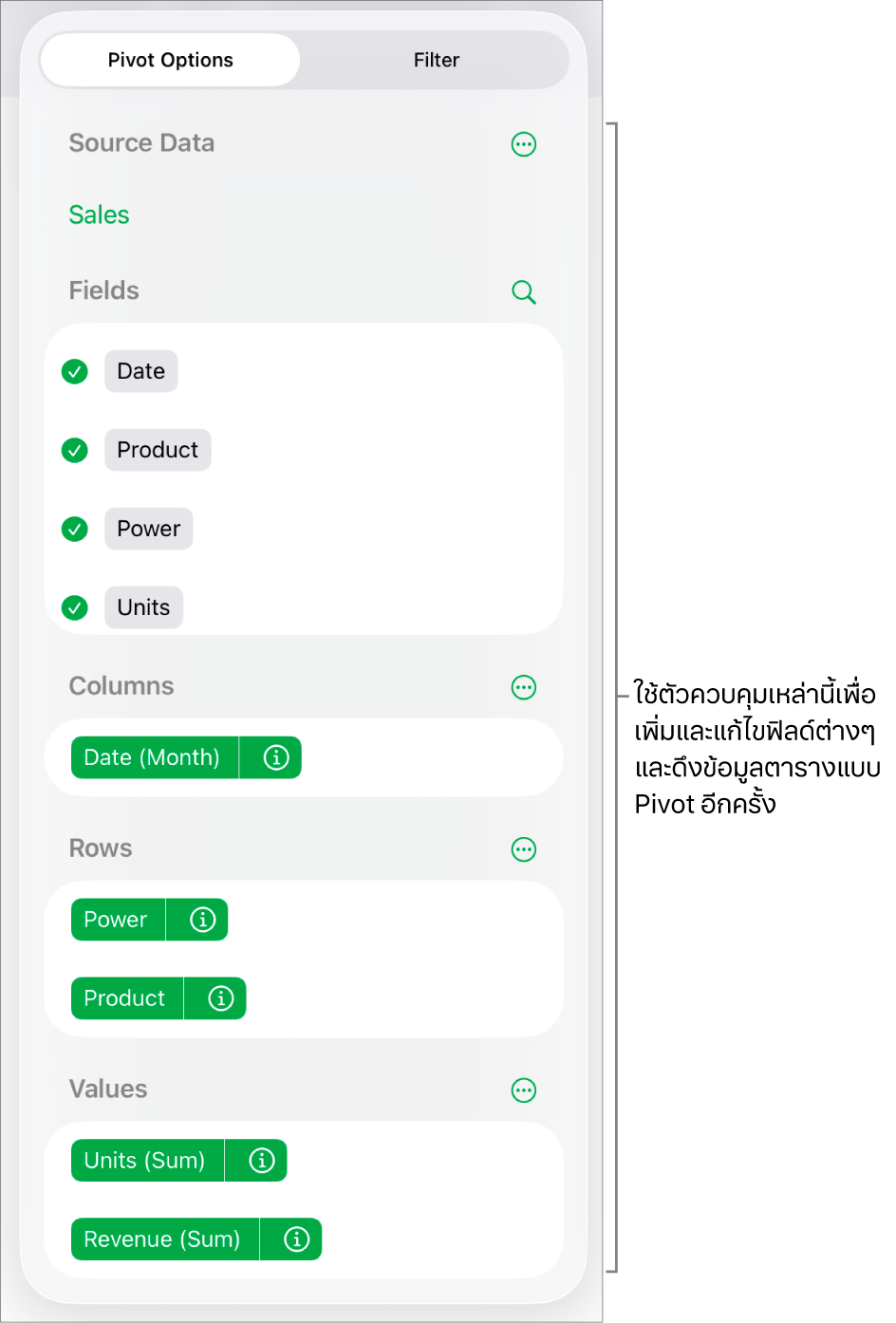 เมนูตัวเลือก Pivot ที่แสดงฟิลด์ในส่วนคอลัมน์ ส่วนแถว และส่วนค่า รวมถึงตัวควบคุมสำหรับแก้ไขฟิลด์