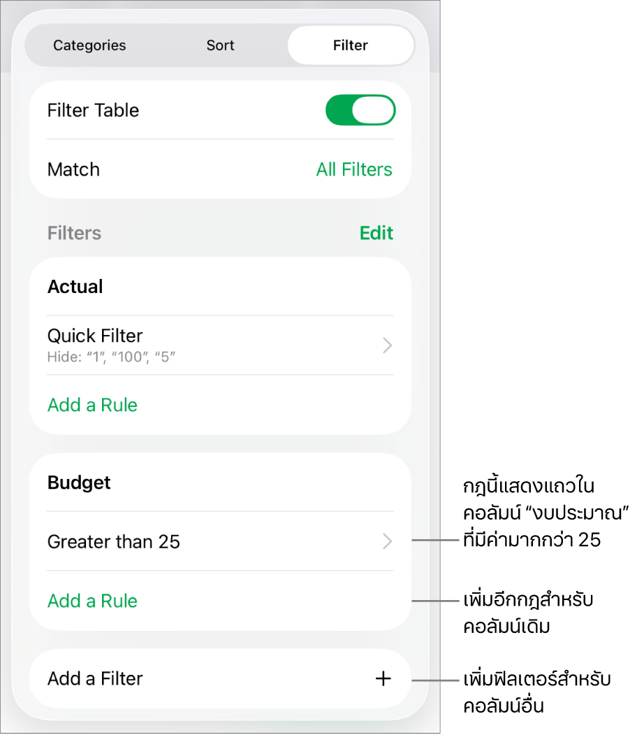 การควบคุมสำหรับเพิ่มกฎการฟิลเตอร์ใหม่หรือการแก้ไขกฎที่มีอยู่แล้ว