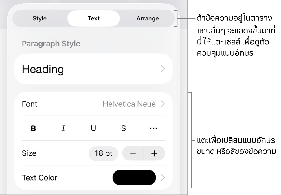 ตัวควบคุมข้อความในเมนูรูปแบบสำหรับตั้งค่าลักษณะ แบบอักษร ขนาด และสีของย่อหน้าและอักขระ