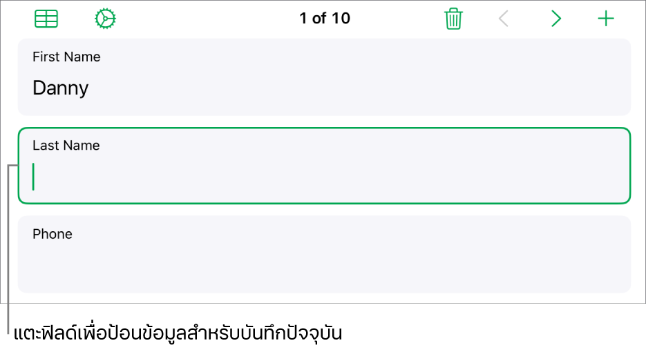 บันทึกในแบบฟอร์มที่แสดงฟิลด์ที่ใช้งานอยู่ซึ่งมีจุดแทรก