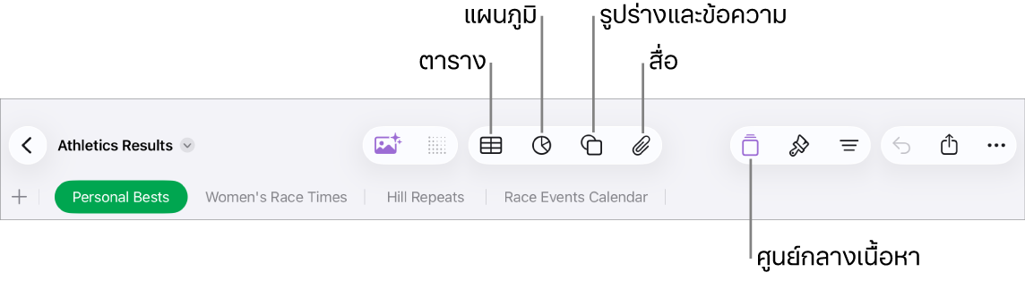 ตัวควบคุมสำหรับเพิ่มวัตถุ ซึ่งมีปุ่มที่อยู่ด้านบนสุดเพื่อเลือกตาราง แผนภูมิ และรูปร่าง (รวมถึงเส้นและกล่องข้อความ) และสื่อ