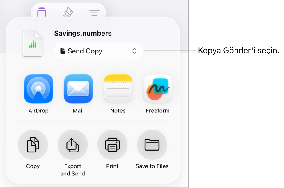 Paylaş menüsü, en üstte Kopya Gönder seçili.