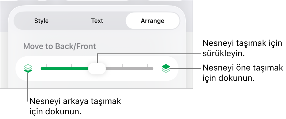 Geri Taşıma düğmesi, İleri Taşıma düğmesi ve katmanlama sürgüsü.