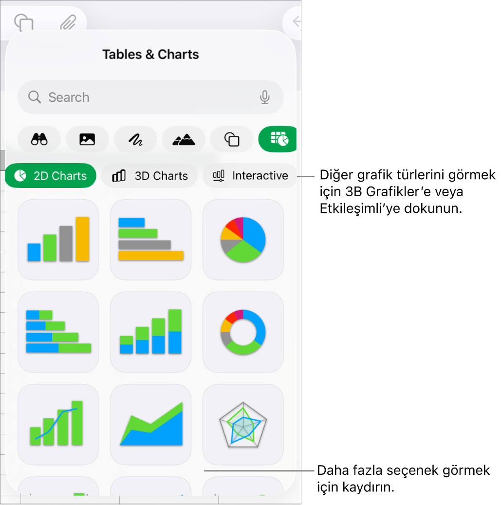 2B grafikler gösteren grafik menüsü.
