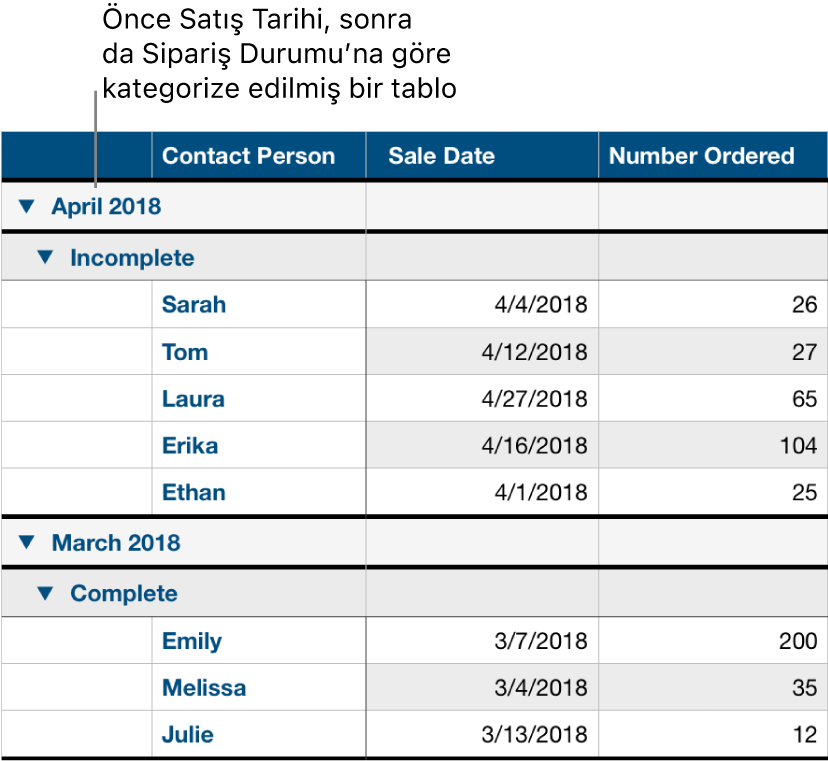 Sipariş durumu alt kategori olmak üzere verilerin satış tarihine göre kategoriye ayrıldığı bir tablo.