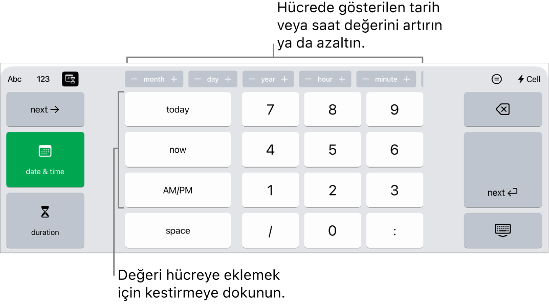 Tarih ve saat klavyesi. En üstteki düğmeler, hücrede gösterilen değeri değiştirmek için artırabileceğiniz zaman birimlerini (ay, gün, yıl ve saat) gösterir. Solda tarih ve saat ile süre klavyeleri arasında geçiş yapmak için tuşlar ve klavyenin ortasında da sayı tuşları bulunuyor.