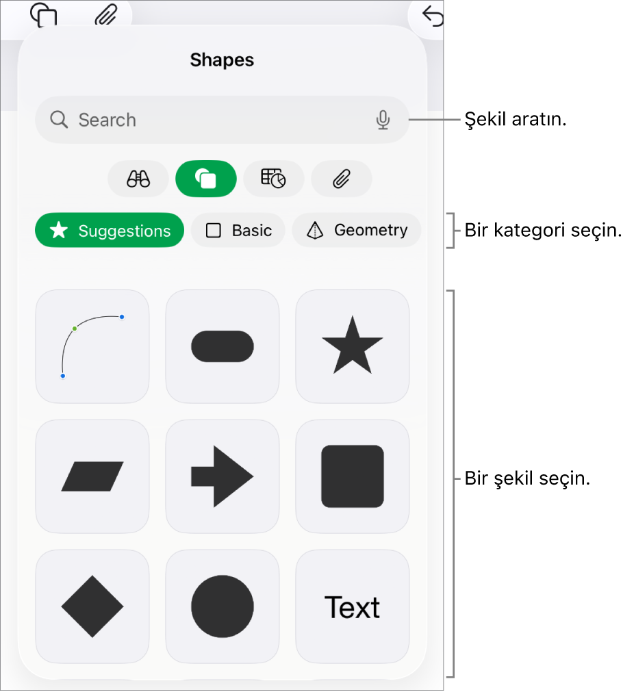 En üstte kategorilerin ve onun altında şekillerin gösterildiği şekil arşivi. Şekilleri bulmak için en üstteki arama alanını kullanabilir ve daha fazlasını görmek için kaydırabilirsiniz.