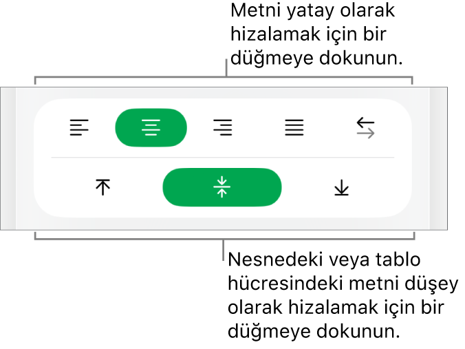 Metin için yatay ve düşey hizalama düğmeleri.