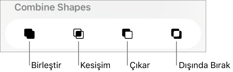 Şekilleri Birleştir’in altındaki Birleştir, Kesişim, Çıkar ve Dışında Bırak düğmeleri.