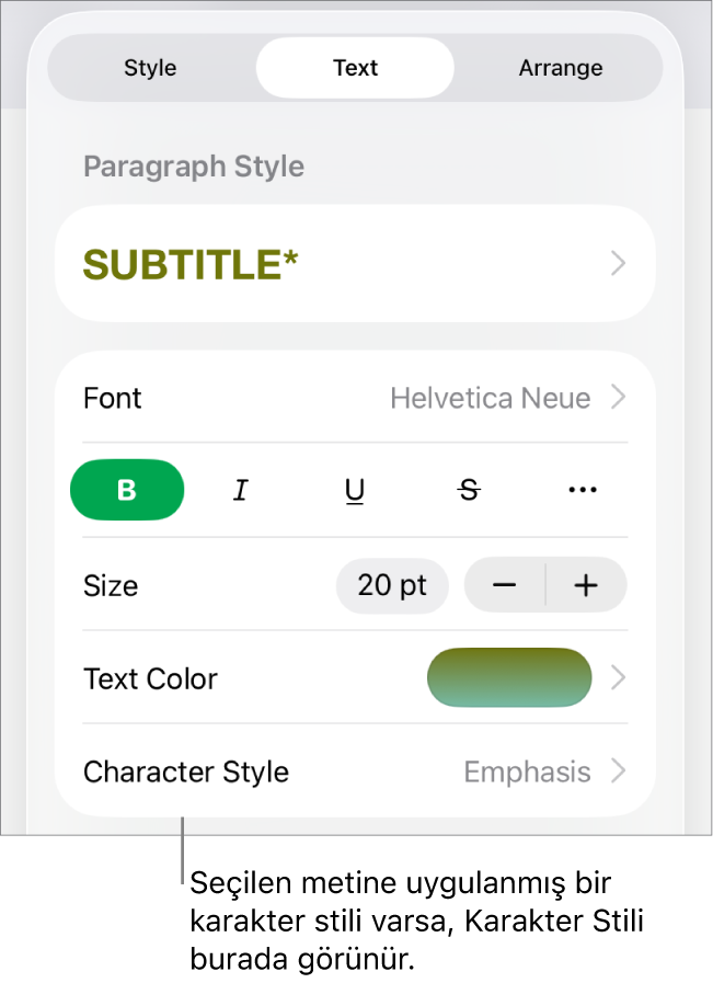 Renk denetimlerinin altında Karakter Stili ile Metin biçimleme denetimleri. Karakter stili olarak yanında yıldızla Yok görünüyor.