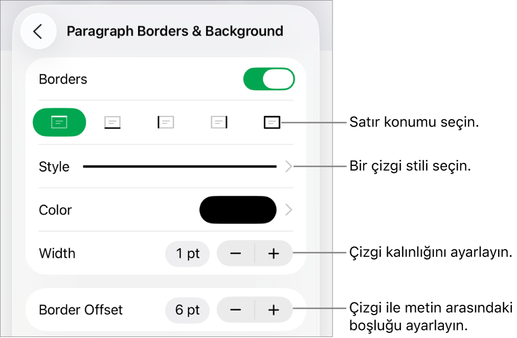 Çizgi stilini, kalınlığını, konumunu ve rengini değiştirmeye yönelik denetimler.