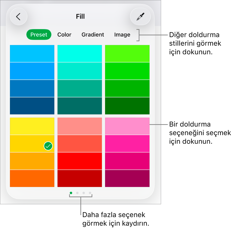 Biçim düğmesinin Stil sekmesindeki Doldur seçenekleri.