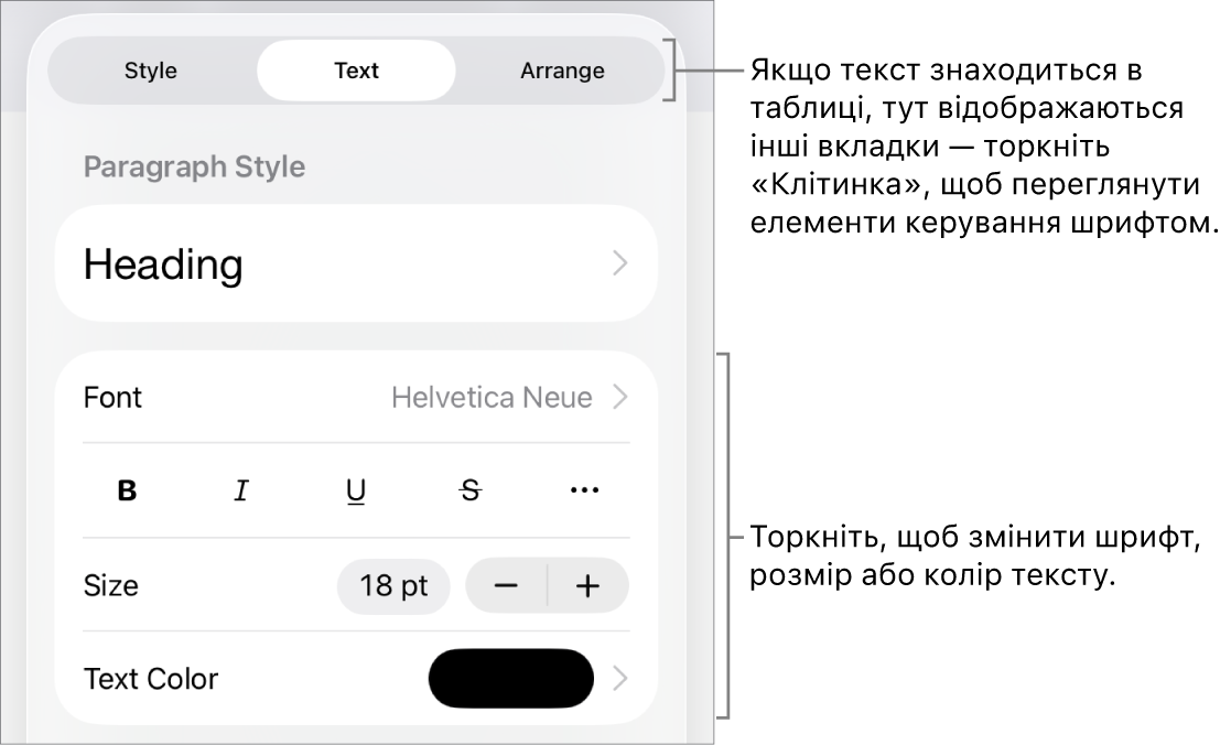 Елементи керування текстом у меню «Формат» для настроювання стилів абзацу й символів, шрифту, розміру та кольору.