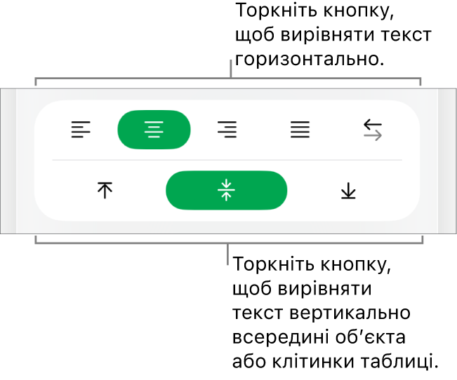 Кнопки горизонтального та вертикального вирівнювання тексту.