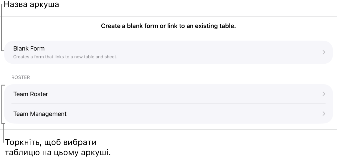 Перелік наявних таблиць в е‑таблиці та опція для створення чистої форми вгорі.