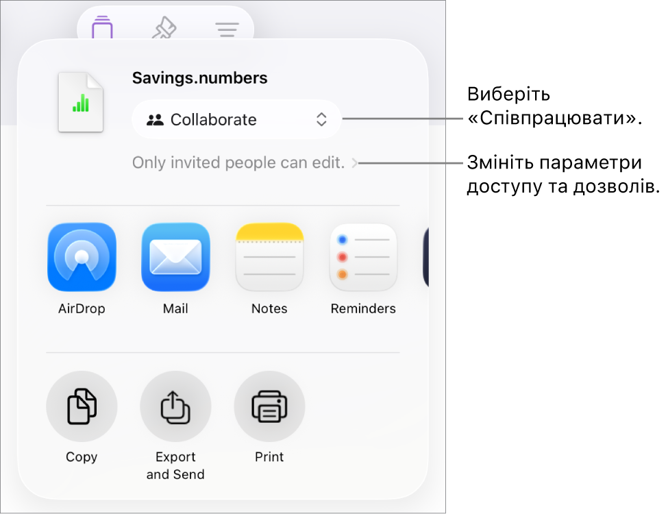 Меню «Поширити» з вибраним угорі елементом «Співпраця», а також параметрами доступу й дозволів унизу.