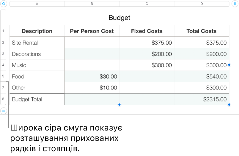 Широка сіра смуга, що показує розташування прихованих рядків і стовпців