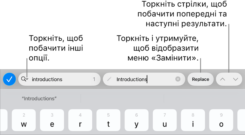 Елементи керування пошуком і заміною над клавіатурою з виносками на кнопки «Опції пошуку», «Замінити», «Перейти вгору» та «Перейти вниз».