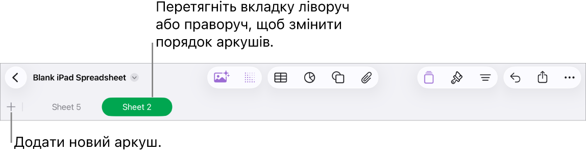 Панель вкладок для додавання нового аркуша, навігації, перевпорядкування та реорганізації аркушів.