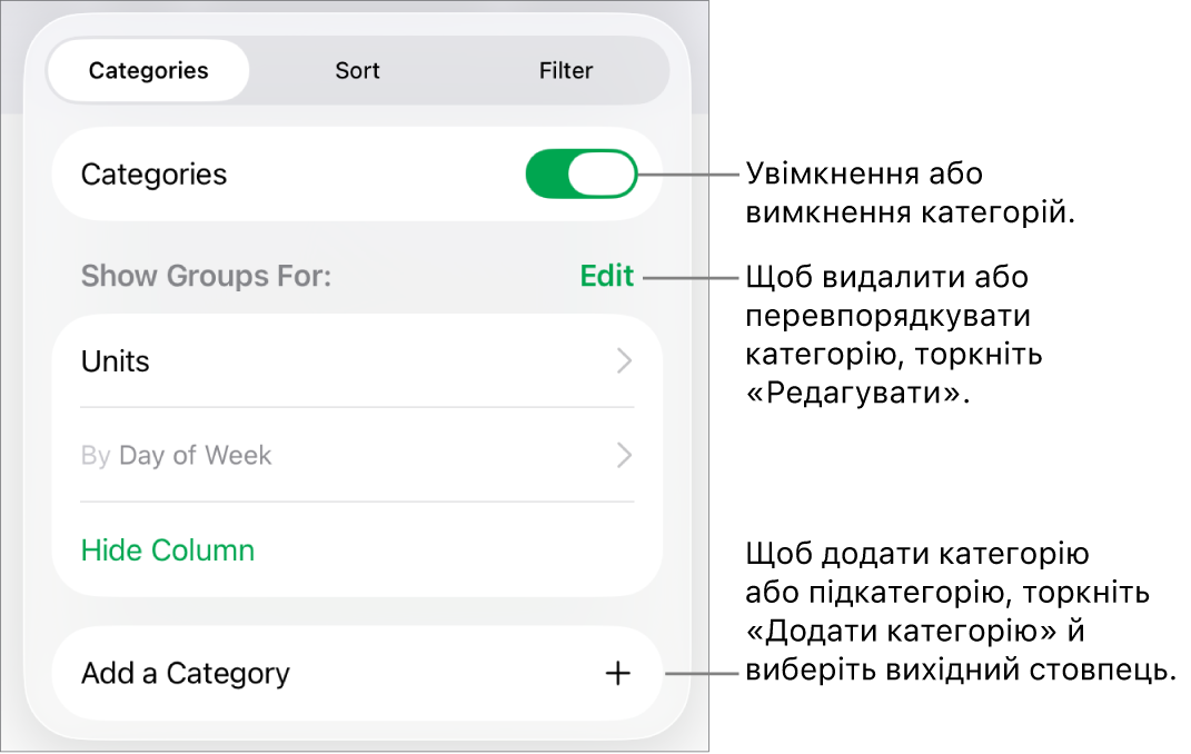 Меню категорій для iPad містить опції для вимикання й видалення категорій, перегрупування даних, приховування вихідного стовпця й додавання категорій.