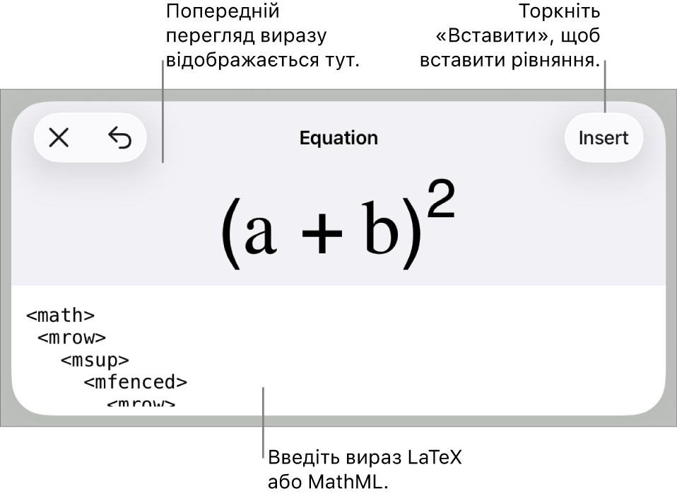 Діалогове вікно «Рівняння», у якому показано рівняння, написане за допомогою команд MathML, а також попередній перегляд формули вгорі.