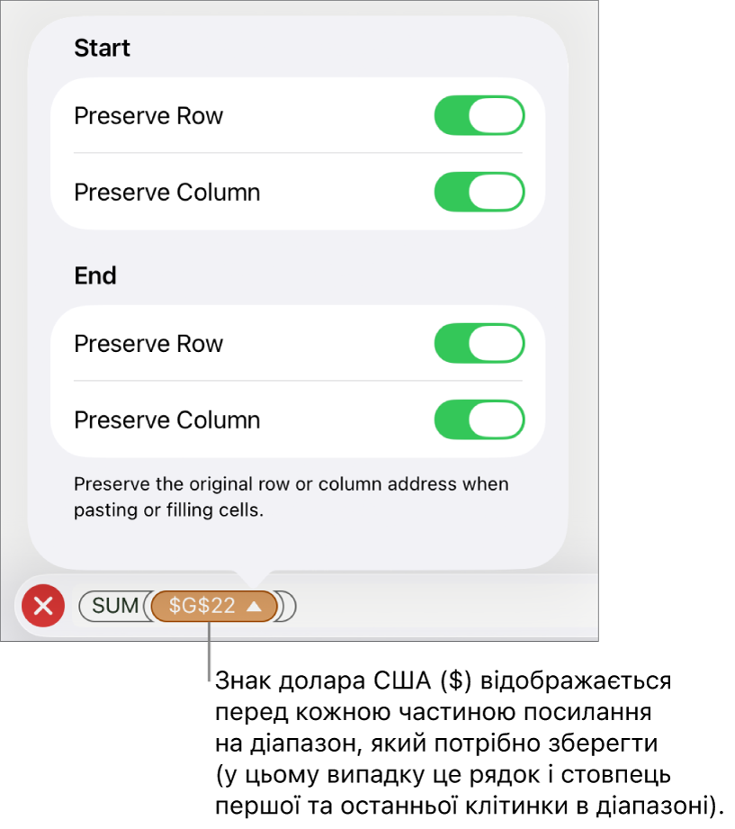 Елементи керування для вказання, які посилання на рядки та стовпці потрібно зберегти під час копіювання або переміщення клітинки. Перед кожною частиною посилання на діапазон, яку ви захочете зберегти, зʼявиться знак долара.