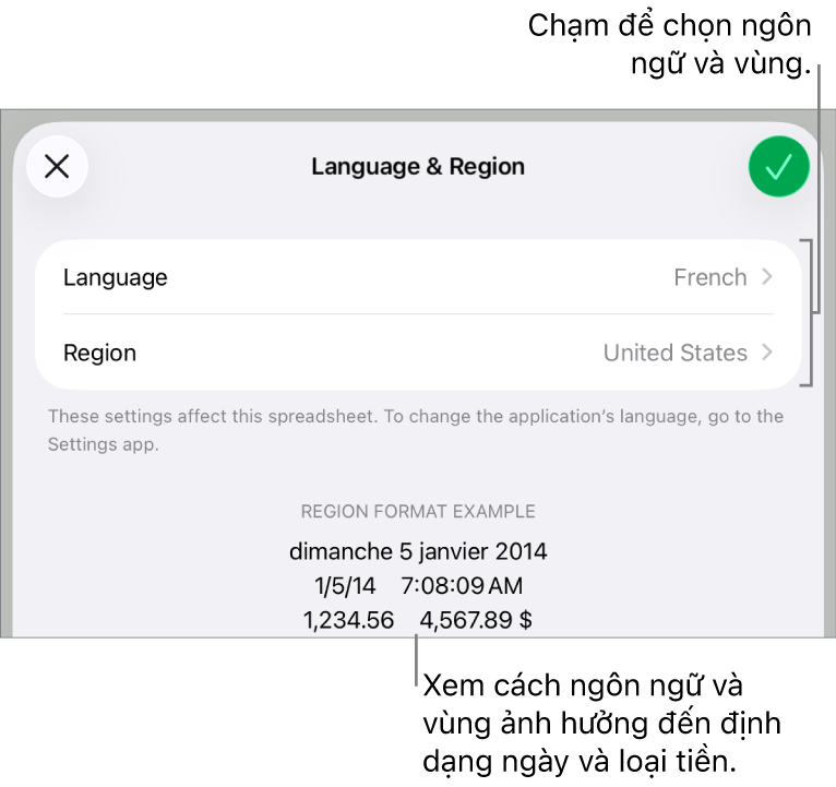 Khung Ngôn ngữ và Vùng với các điều khiển cho ngôn ngữ và vùng và ví dụ về định dạng bao gồm ngày, giờ, phần thập phân và loại tiền.