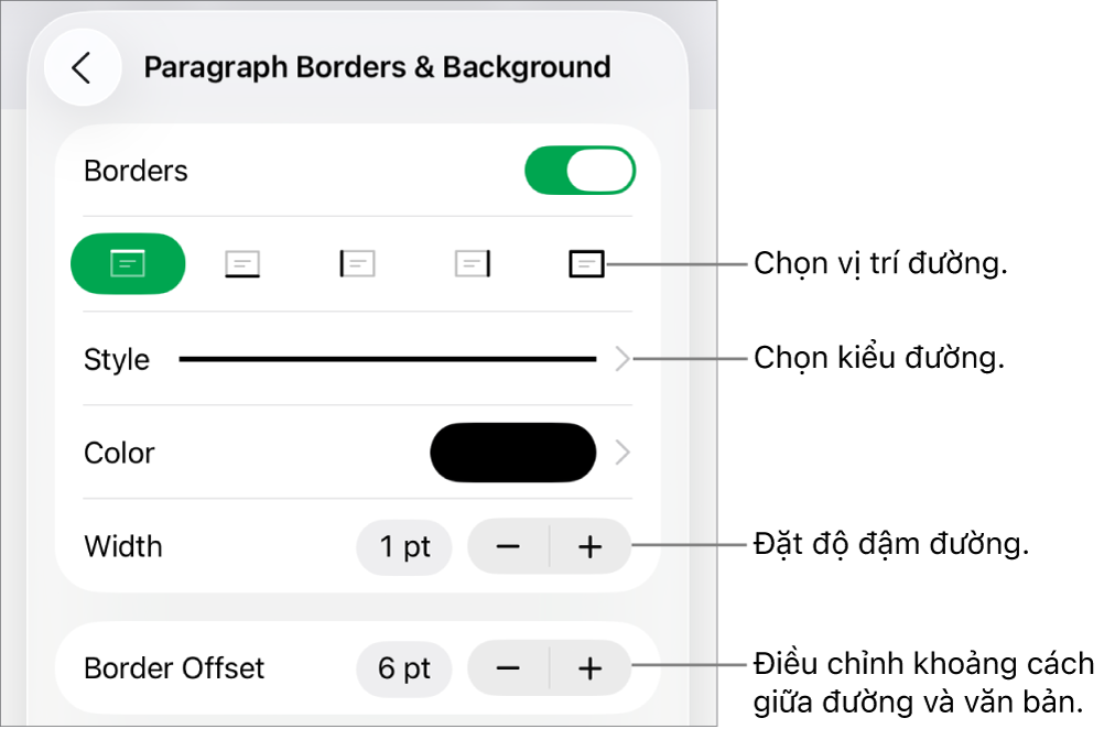 Các điều khiển để thay đổi kiểu đường, độ đậm, vị trí và màu.