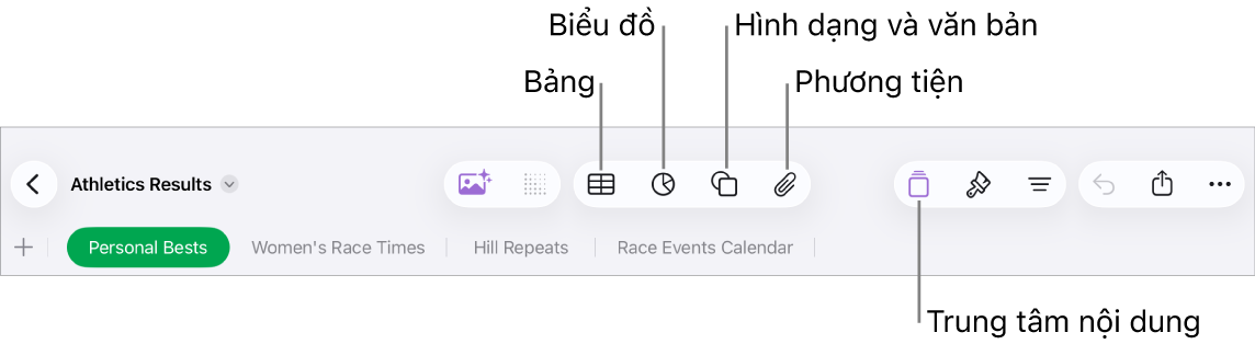 Các điều khiển để thêm đối tượng, với các nút ở trên cùng để chọn bảng, biểu đồ, hình (bao gồm các đường và hộp văn bản) và phương tiện.