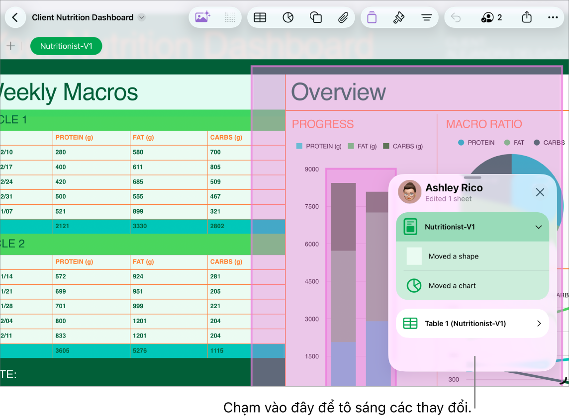 Một bảng tính cộng tác có danh sách hoạt động được mở.