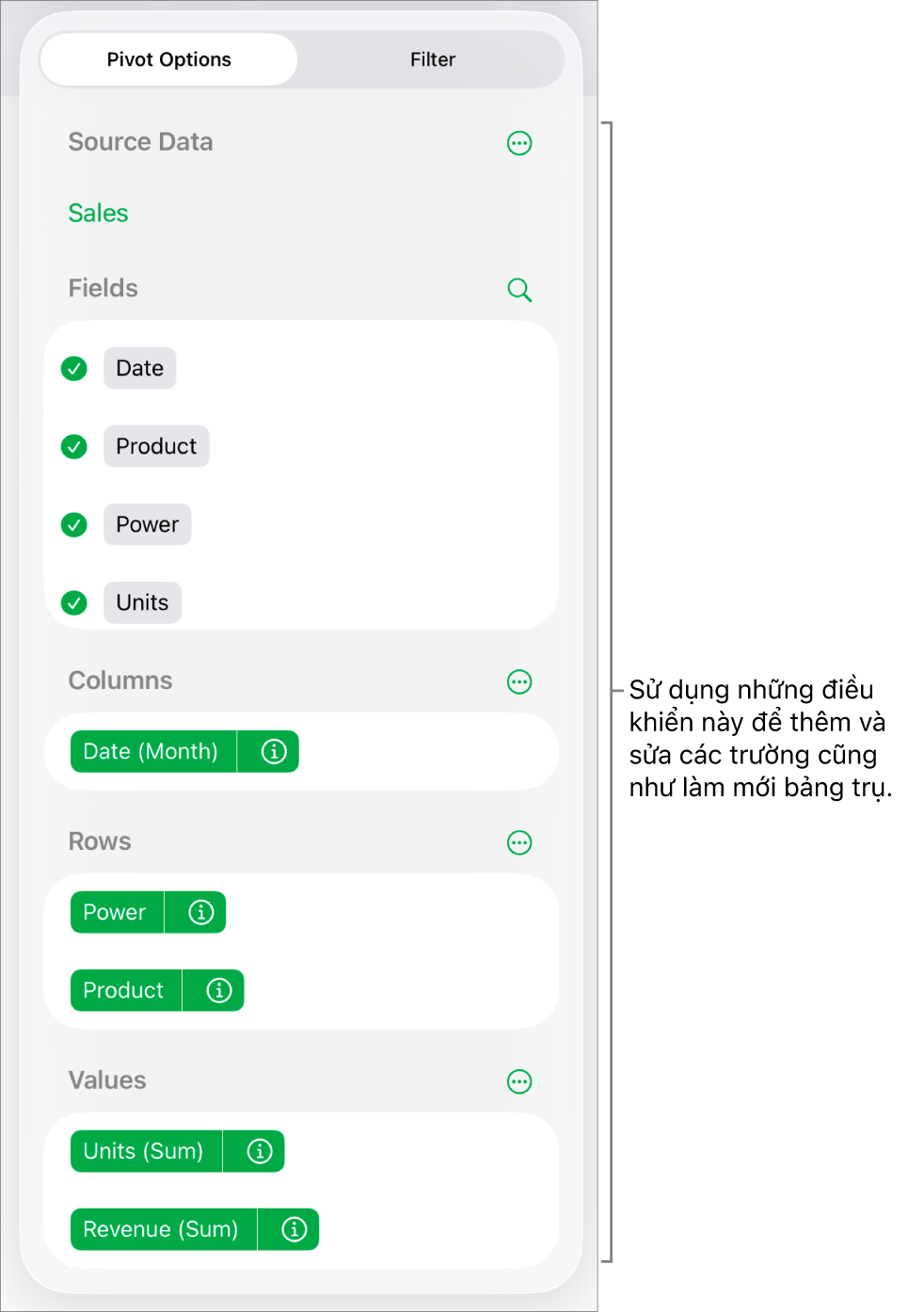 Menu Tùy chọn Trục quay đang hiển thị các trường trong các phần Cột, Hàng và Giá trị cũng như các điều khiển để sửa các trường.