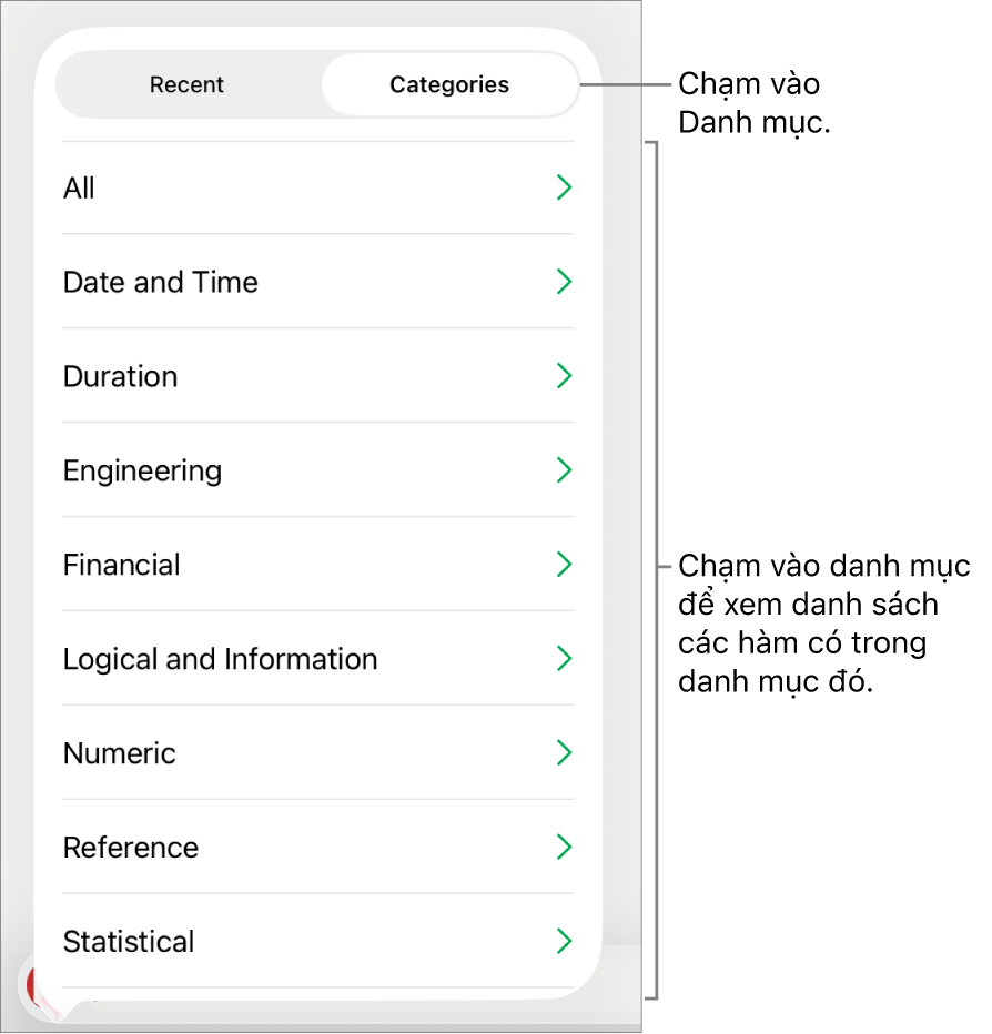 Trình duyệt hàm với nút Danh mục được chọn và danh sách các danh mục ở bên dưới.