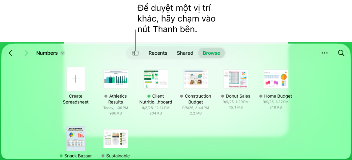Chế độ xem duyệt của trình quản lý tài liệu với một liên kết vị trí ở góc trên cùng bên trái và bên dưới là trường Tìm kiếm. Ở góc trên cùng bên phải là nút Thêm bảng tính; nút Thư mục mới; menu bật lên để sử dụng chế độ xem danh sách hoặc biểu tượng cũng như để lọc theo tên, ngày, kích cỡ, loại và thẻ; và nút Chọn. Bên dưới các nút đó là các hình thu nhỏ của các bảng tính hiện có.