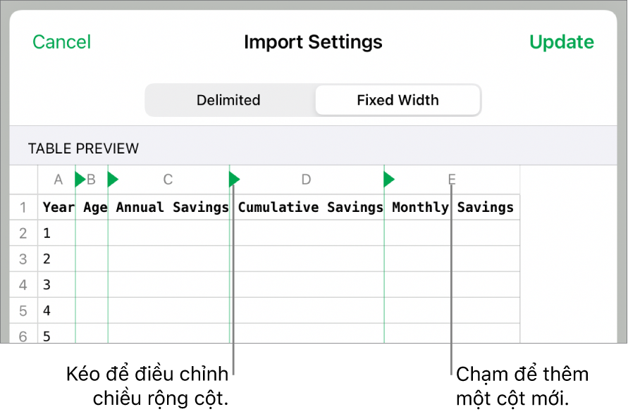 Cài đặt nhập cho tệp văn bản chiều rộng cố định.