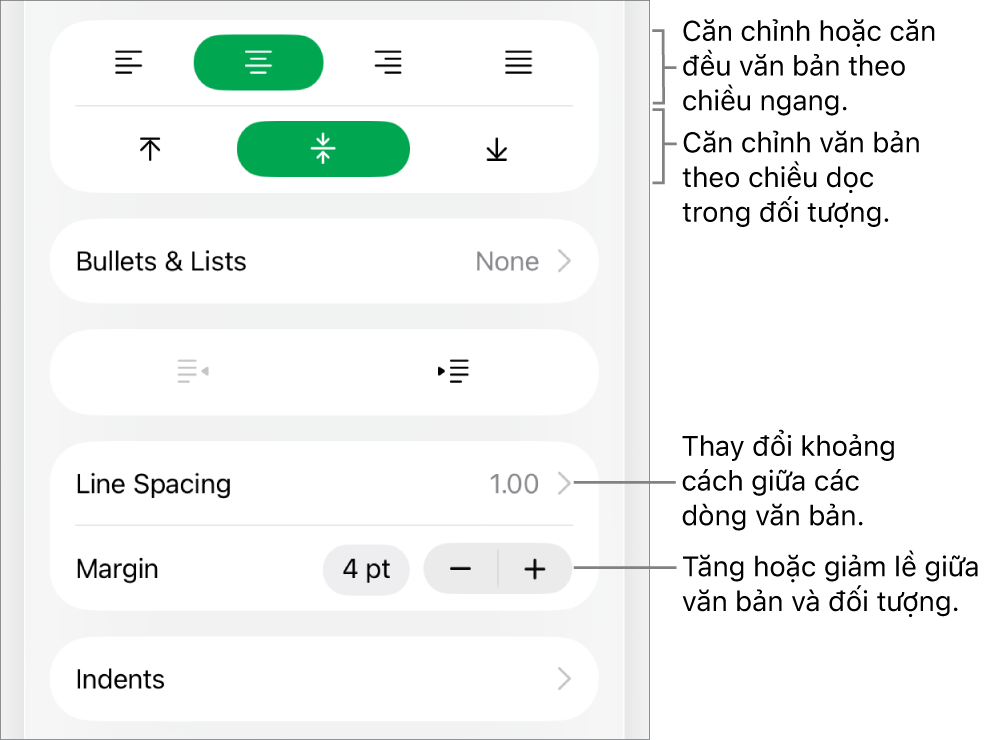 Phần Bố cục của trình kiểm tra Định dạng với các lời nhắc đến các nút căn chỉnh văn bản và giãn cách.