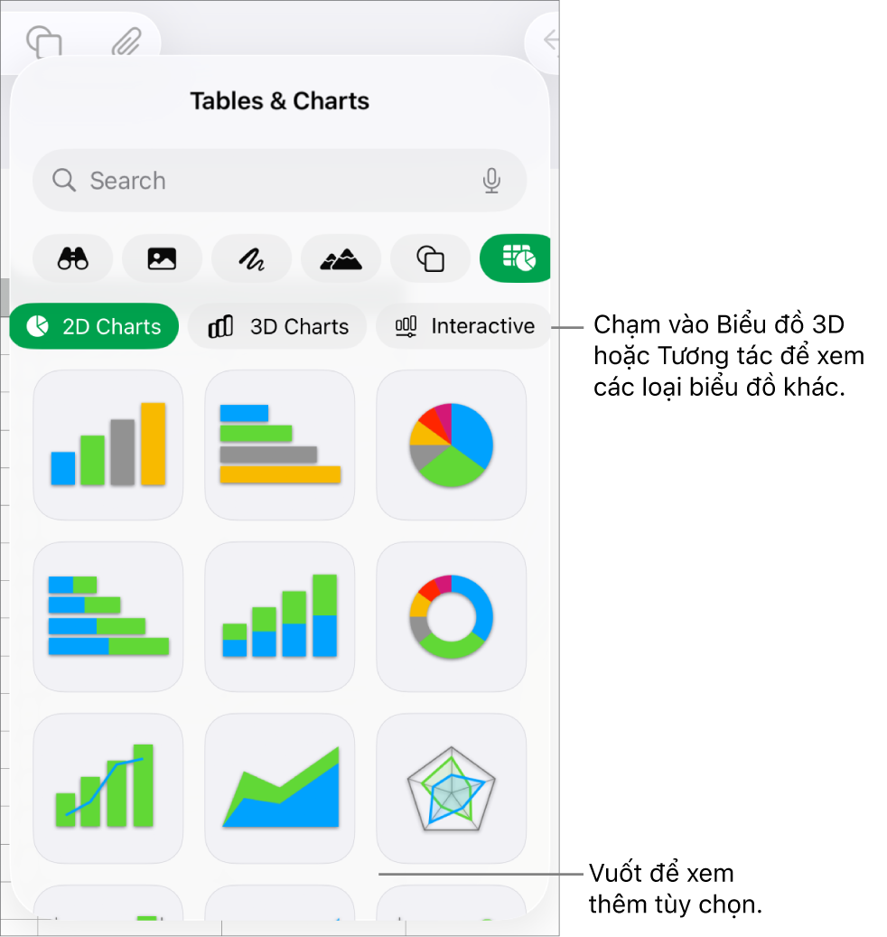 Menu biểu đồ đang hiển thị biểu đồ 2D.